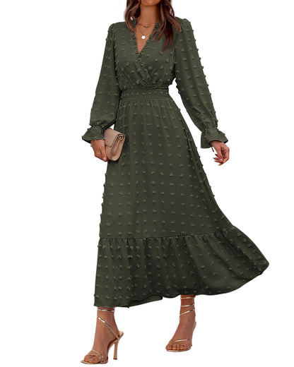 BTFBM Women Fall Maxi Dresses 2026 Long Sleeve V Neck Swiss Dots High Waisted A-Line Ruffle Boho Long Dress Vacation