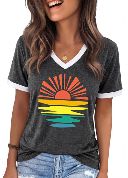 YEXIPO Womens T Shirts Graphic Tees Spring Short Sleeve V Neck Funny Letter Print Casual Loose Cute Summer Tops