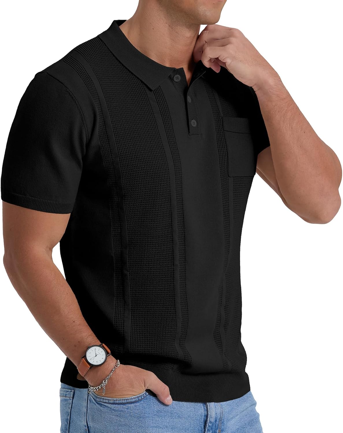 Sailwind Mens Textured Knit Polo Shirts Short Sleeve Summer Collared T Shirt with Pocket