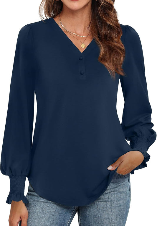 WEACZZY Womens Tops Long Sleeve Fall Shirts for Women Dressy Casual Button V Neck Tunic Blouse Ruffle Cuffs T-Shirts 2026