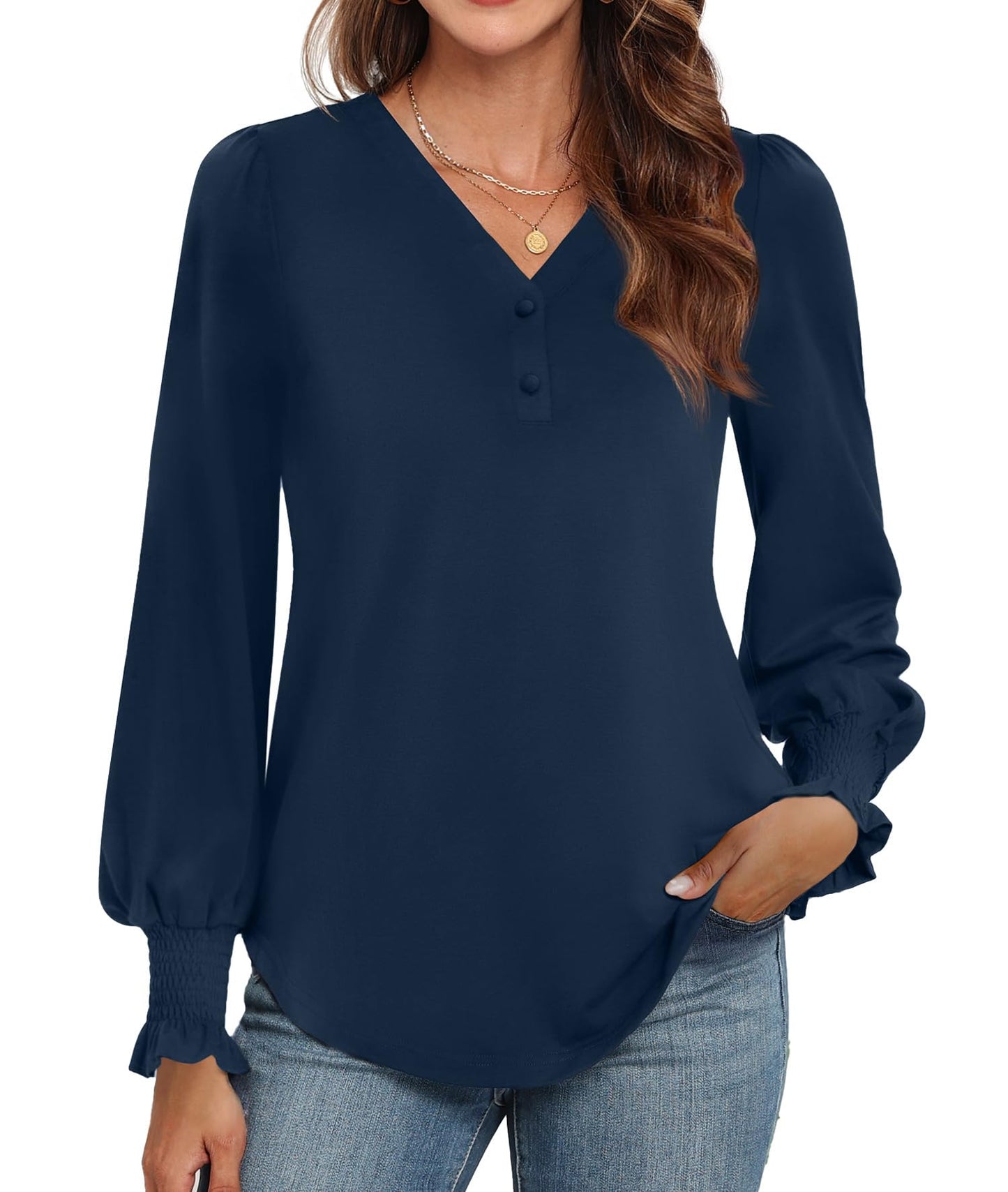 WEACZZY Womens Tops Long Sleeve Fall Shirts for Women Dressy Casual Button V Neck Tunic Blouse Ruffle Cuffs T-Shirts 2026