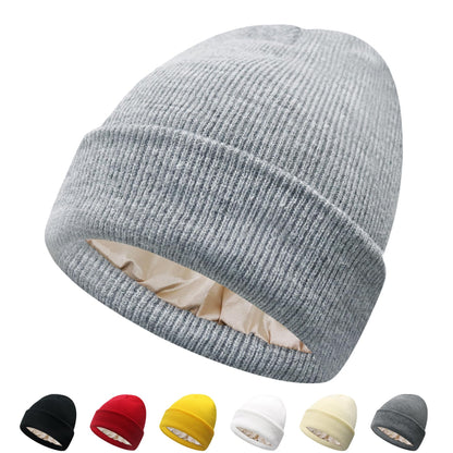 PFFY Satin Lined Beanie for Women Silk Lining Soft Winter Hats Reduce Frizz Knit Beanies Warm Skull Cap