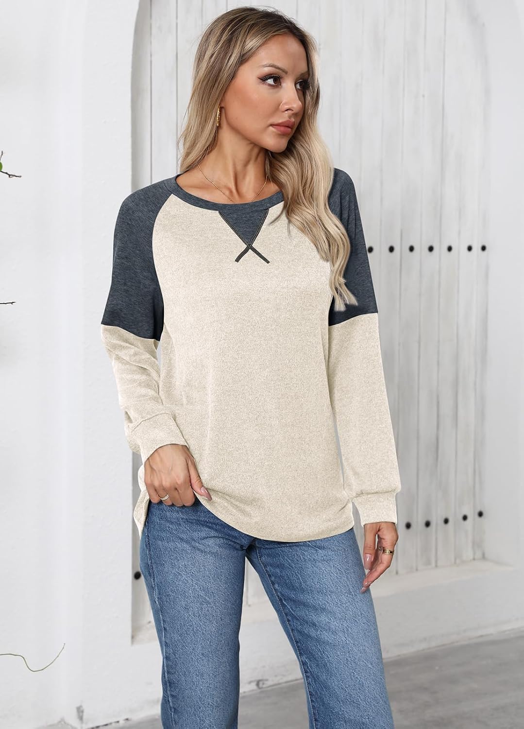 YEXIPO Womens Long Sleeve Shirts Casual Loose Fit Crew Neck Color Block Fall Fashion 2024 Tunic Tops