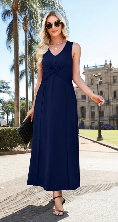 WEACZZY Women's Formal Maxi Dress Sleeveless Pleated Cocktail Evening Gown | Deep V-neck, Slimming, Flowing, Elegant, Double Splits, Lightweight Stretch, Polyester Blend, Does Not Show Through