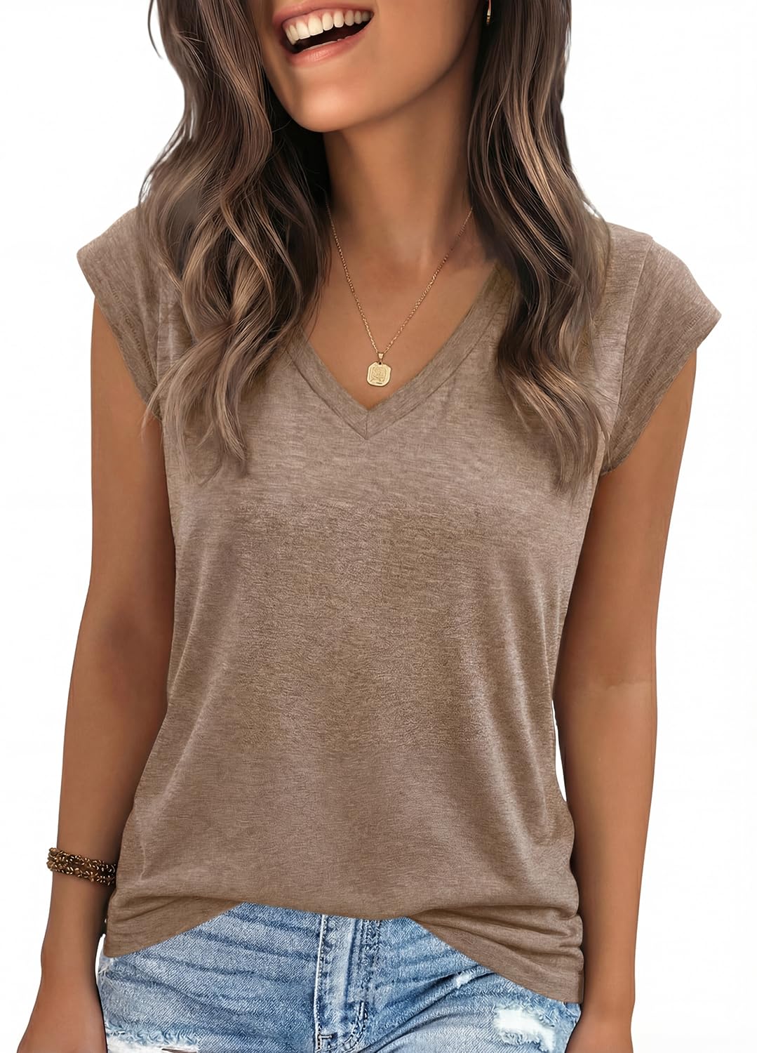 YEXIPO Womens Tops Cap Sleeve T Shirts 2026 Summer Casual Loose Fit V Neck Shirts Cute Trendy Beach Vacation Clothes