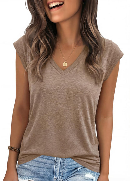 YEXIPO Womens Tops Cap Sleeve T Shirts 2026 Summer Casual Loose Fit V Neck Shirts Cute Trendy Beach Vacation Clothes