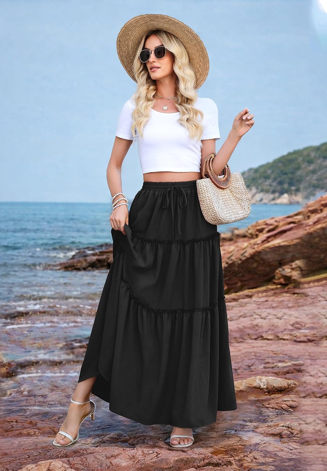 WEACZZY Womens Casual High Waisted Maxi Skirts with Pockets Flowy Boho Tiered Pleated Skirt for Spring Summer Travel Vacation