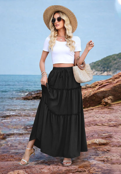 WEACZZY Womens Casual High Waisted Maxi Skirts with Pockets Flowy Boho Tiered Pleated Skirt for Spring Summer Travel Vacation