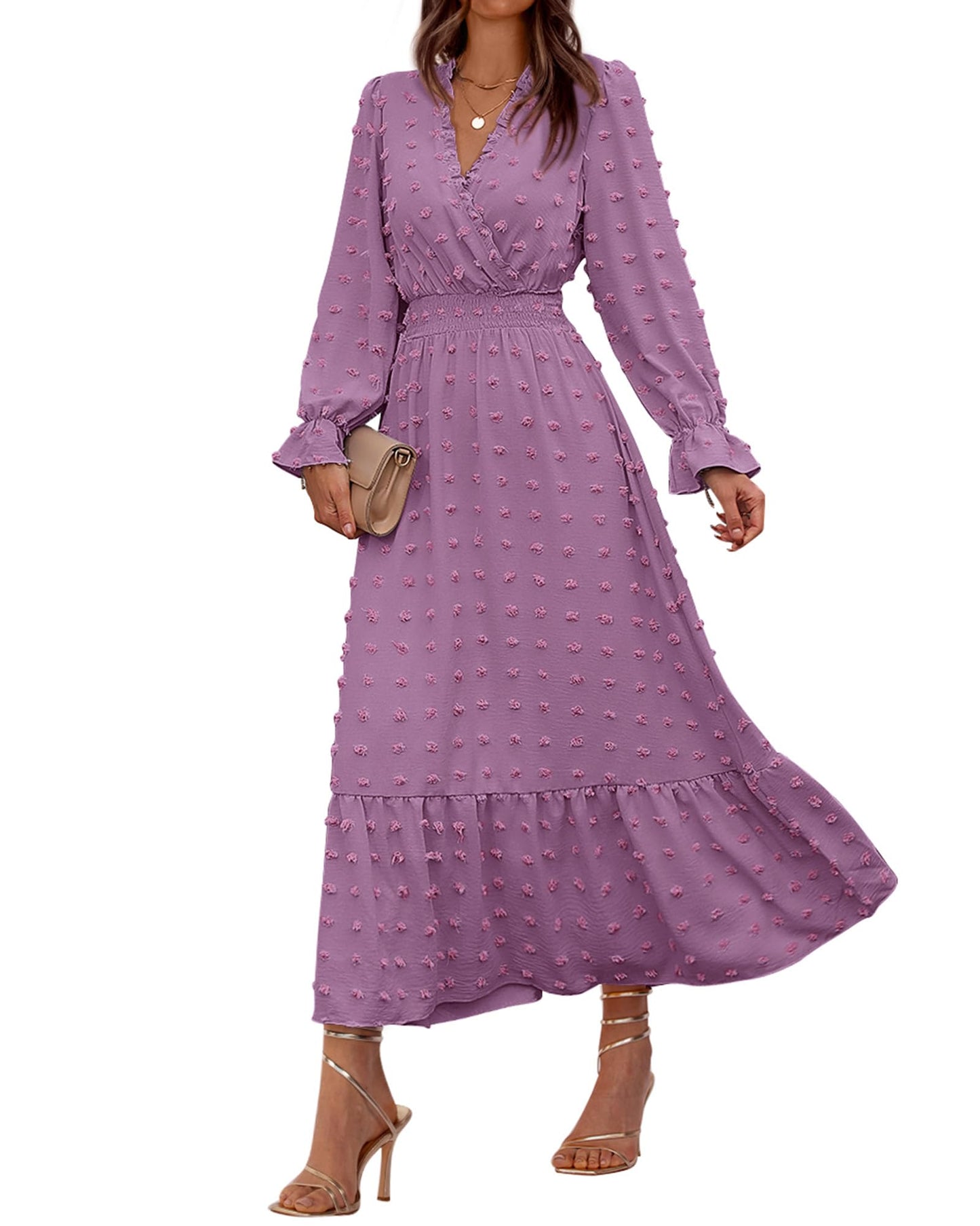 BTFBM Women Fall Maxi Dresses 2026 Long Sleeve V Neck Swiss Dots High Waisted A-Line Ruffle Boho Long Dress Vacation