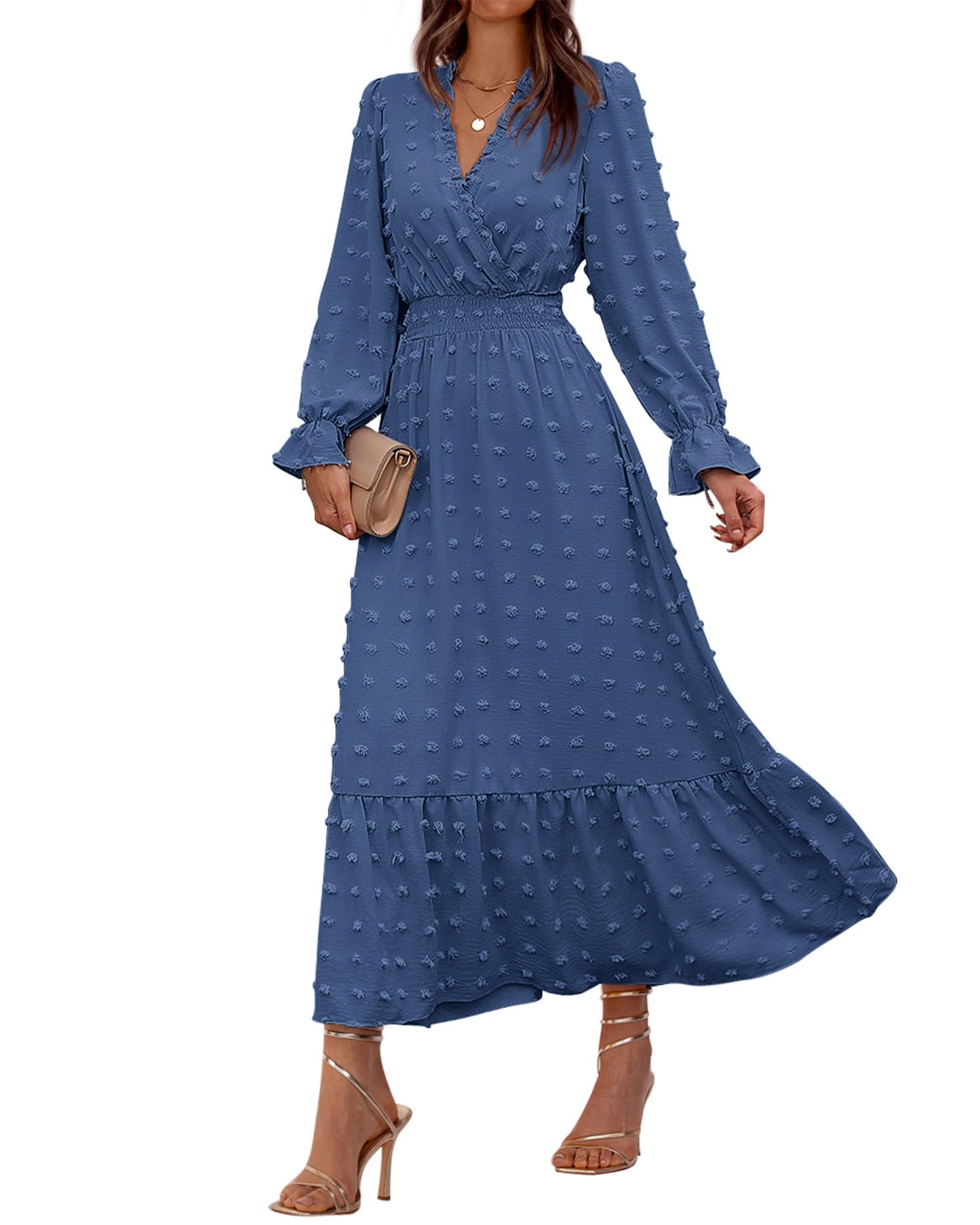 BTFBM Women Fall Maxi Dresses 2026 Long Sleeve V Neck Swiss Dots High Waisted A-Line Ruffle Boho Long Dress Vacation