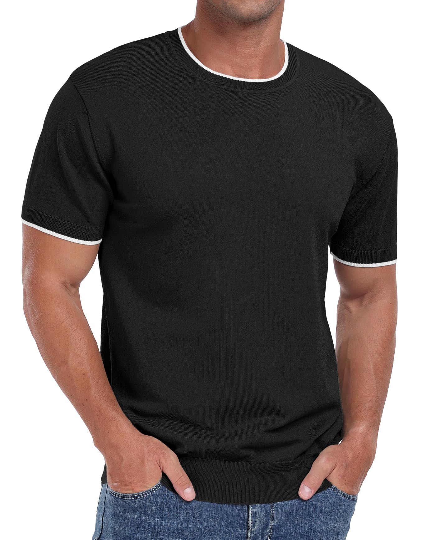 Sailwind Mens T-Shirt Knit Short Sleeve Crew Neck Contrast Trim Knit T-Shirt