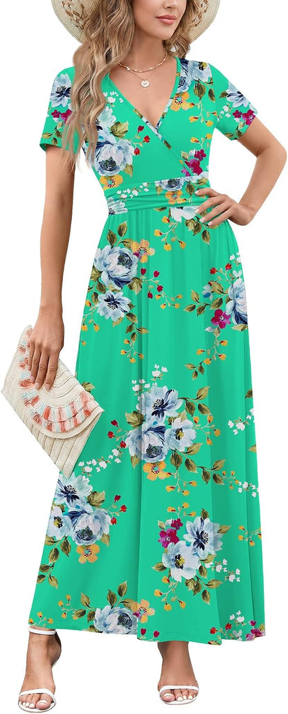 WEACZZY 2026 Summer Long Dresses for Women Wrap Empire Pleated Waist V Neck Short Sleeve Elegant Maxi Dress with Pockets