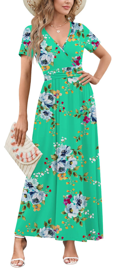 WEACZZY 2026 Summer Long Dresses for Women Wrap Empire Pleated Waist V Neck Short Sleeve Elegant Maxi Dress with Pockets