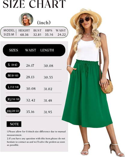 WEACZZY Women's Flowy Midi Skirt Drawstring Elastic A-Line Pleated Design | Two Side Pockets, High-Waist, Lightweight Stretch Polyester, Breathable Comfortable, Casual Beach, Work & Party Summer Skirt