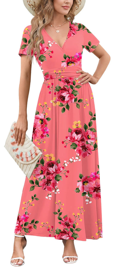 WEACZZY 2026 Summer Long Dresses for Women Wrap Empire Pleated Waist V Neck Short Sleeve Elegant Maxi Dress with Pockets