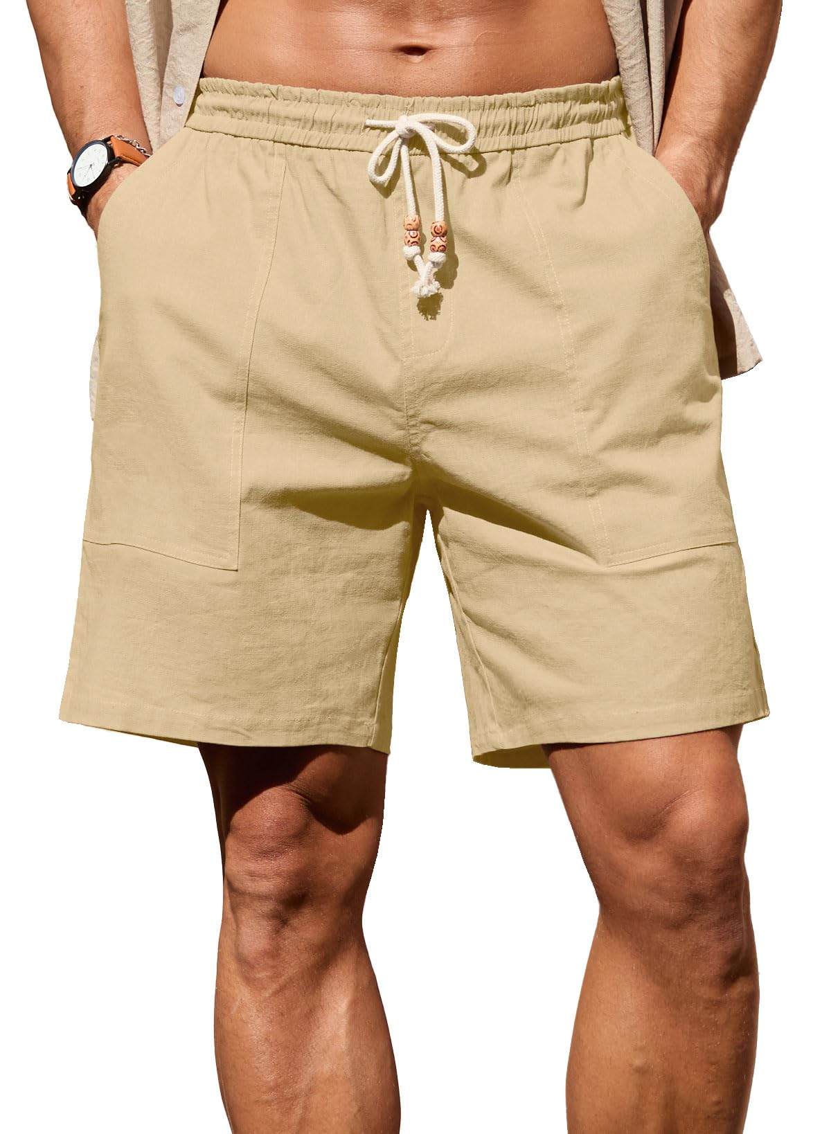 Sailwind Men's Linen Cotton Shorts 7" Elastic Waist Drawstring Casual Summer Beach Shorts