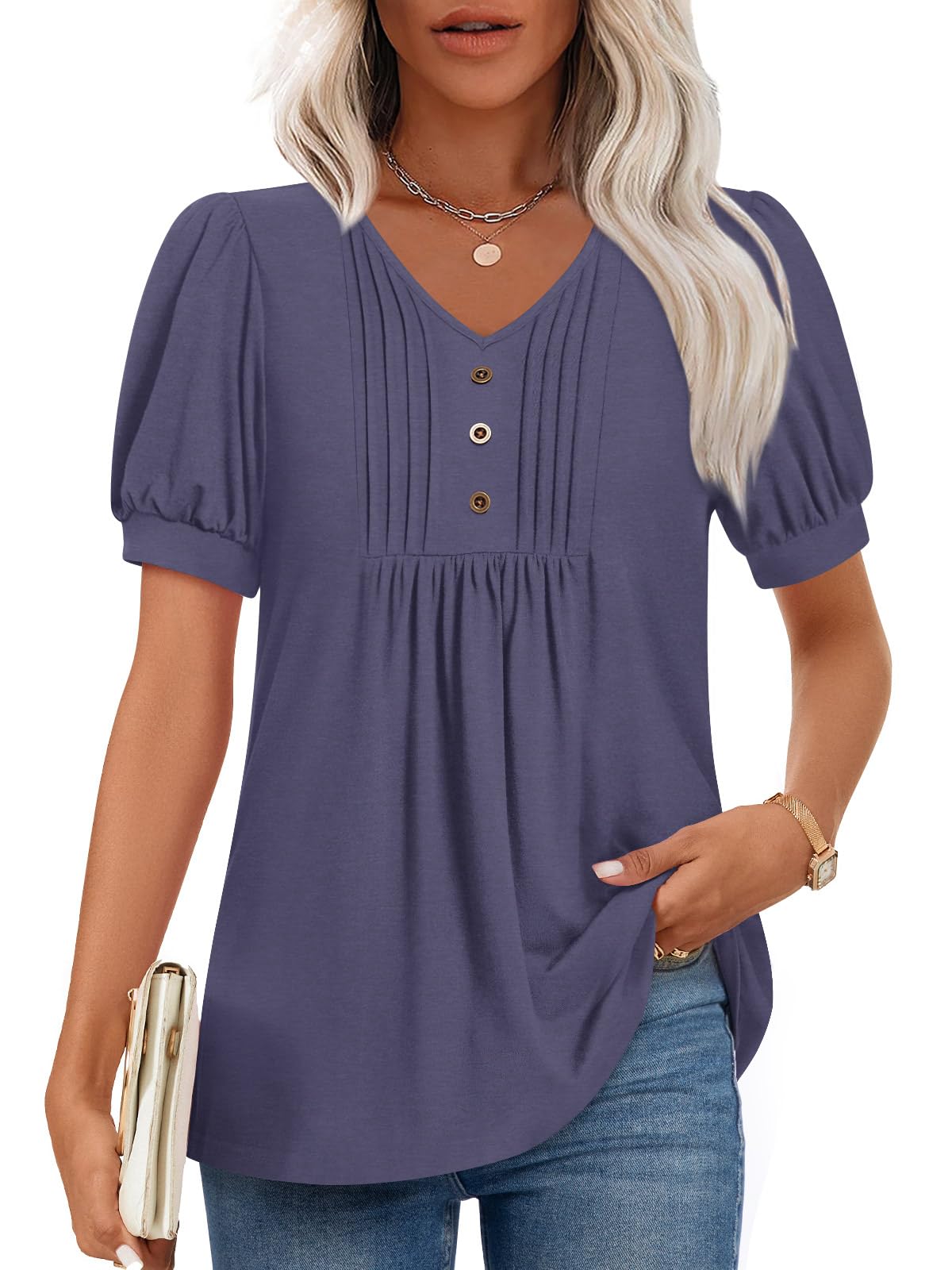 Findsweet Women's Summer Tunic Tops Casual Dressy Blouses Short Sleeve Shirts M-4XL