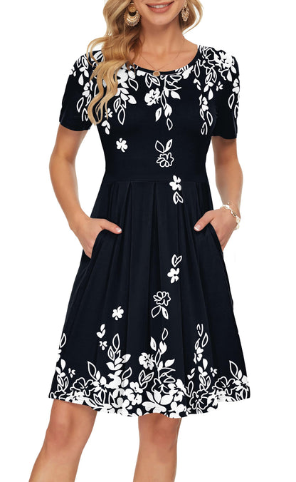 AUSELILY Women's Short Sleeve Summer Dress Pleated Loose Swing Knee Length Dresses with Pockets 2026 New
