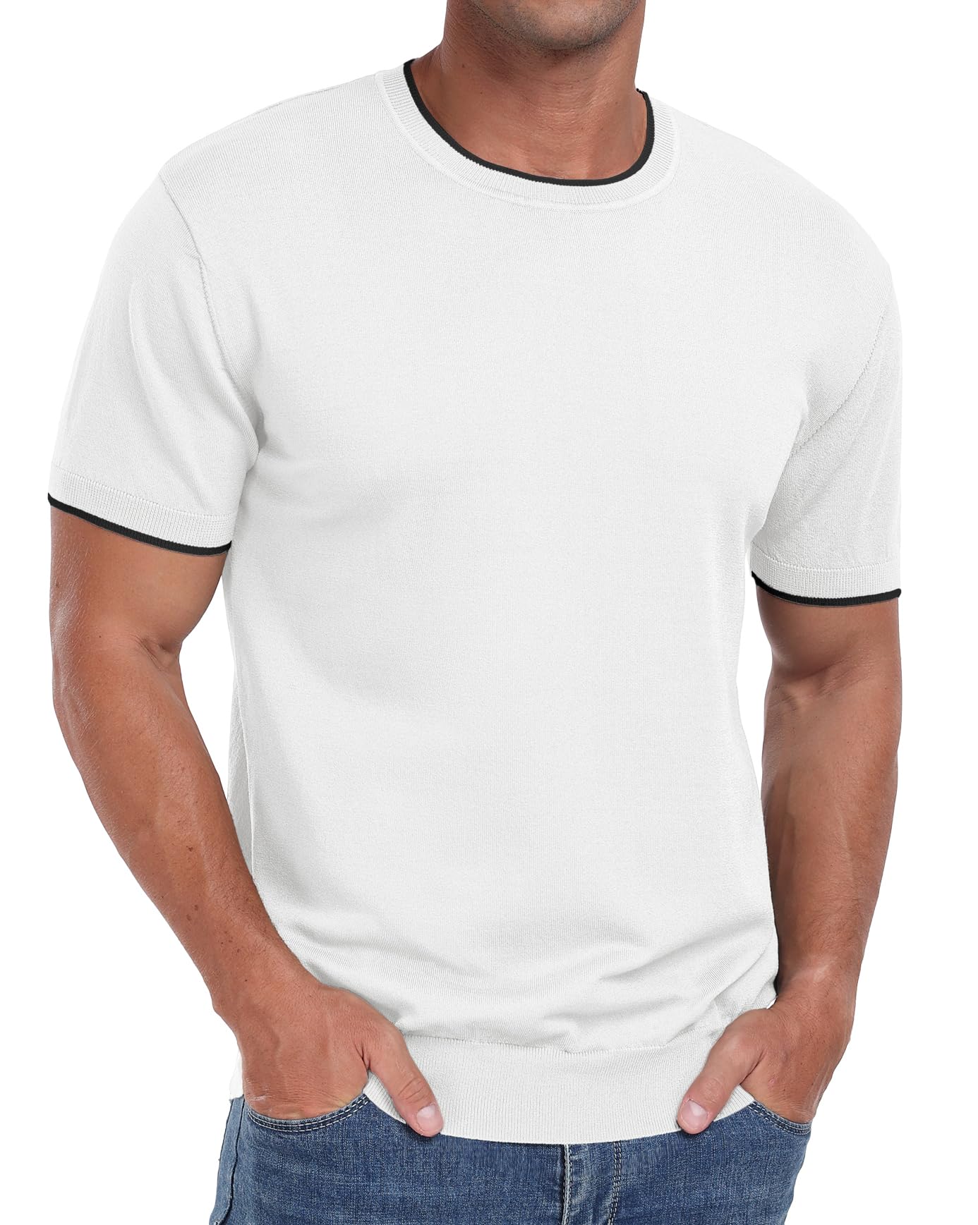 Sailwind Mens T-Shirt Knit Short Sleeve Crew Neck Contrast Trim Knit T-Shirt