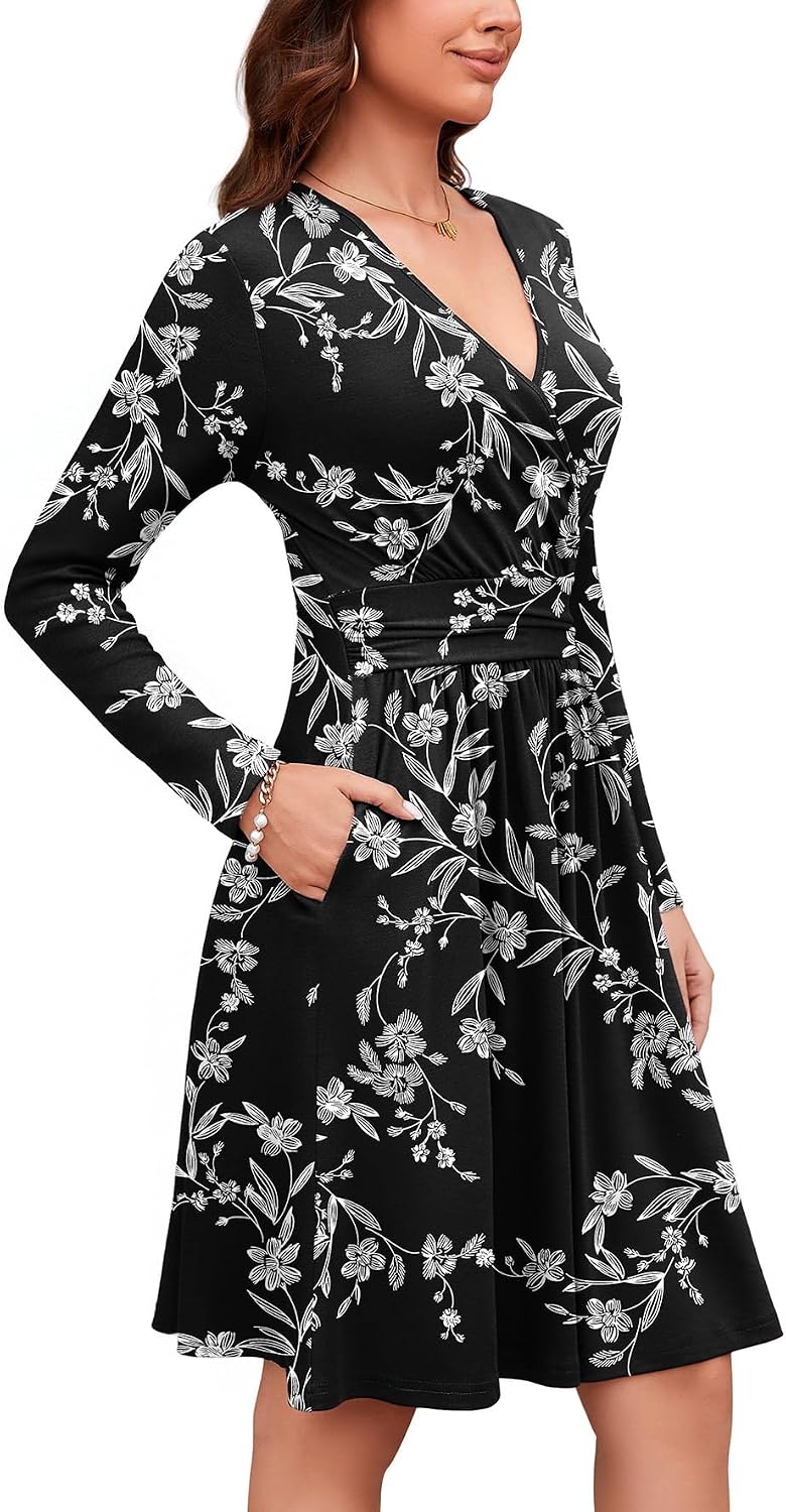 WEACZZY Women's Long Sleeve Casual Fall Dresses V-Neck Swing Floral Party Dress with Pockets 2026