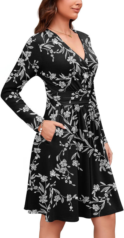 WEACZZY Women's Long Sleeve Casual Fall Dresses V-Neck Swing Floral Party Dress with Pockets 2026