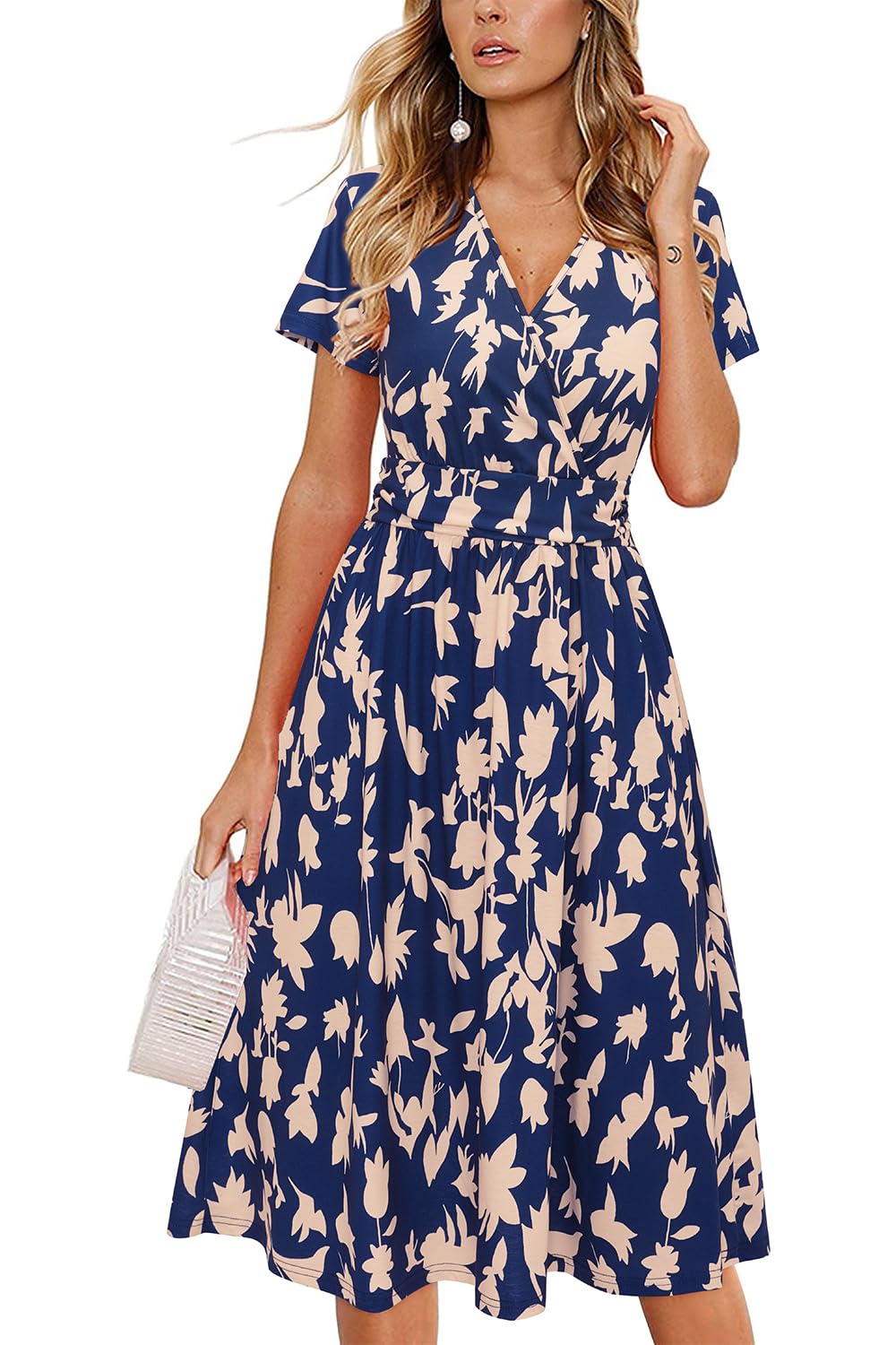 Newshows Womens Summer Short Sleeve Casual Dresses V Neck Floral Vacation Sundress Faux Wrap Midi Dress with Pockets