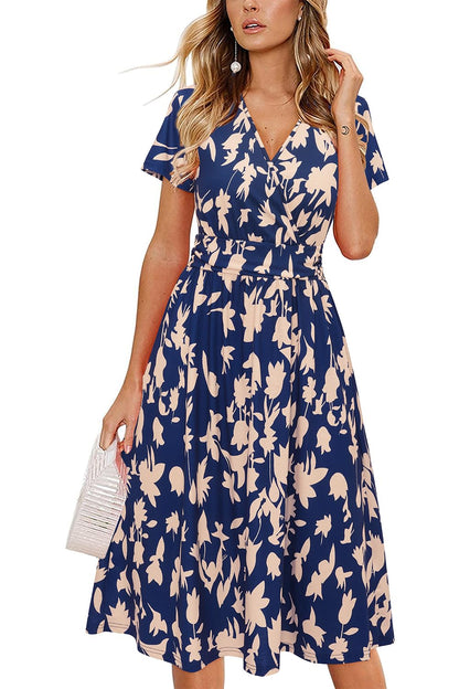 Newshows Womens Summer Short Sleeve Casual Dresses V Neck Floral Vacation Sundress Faux Wrap Midi Dress with Pockets