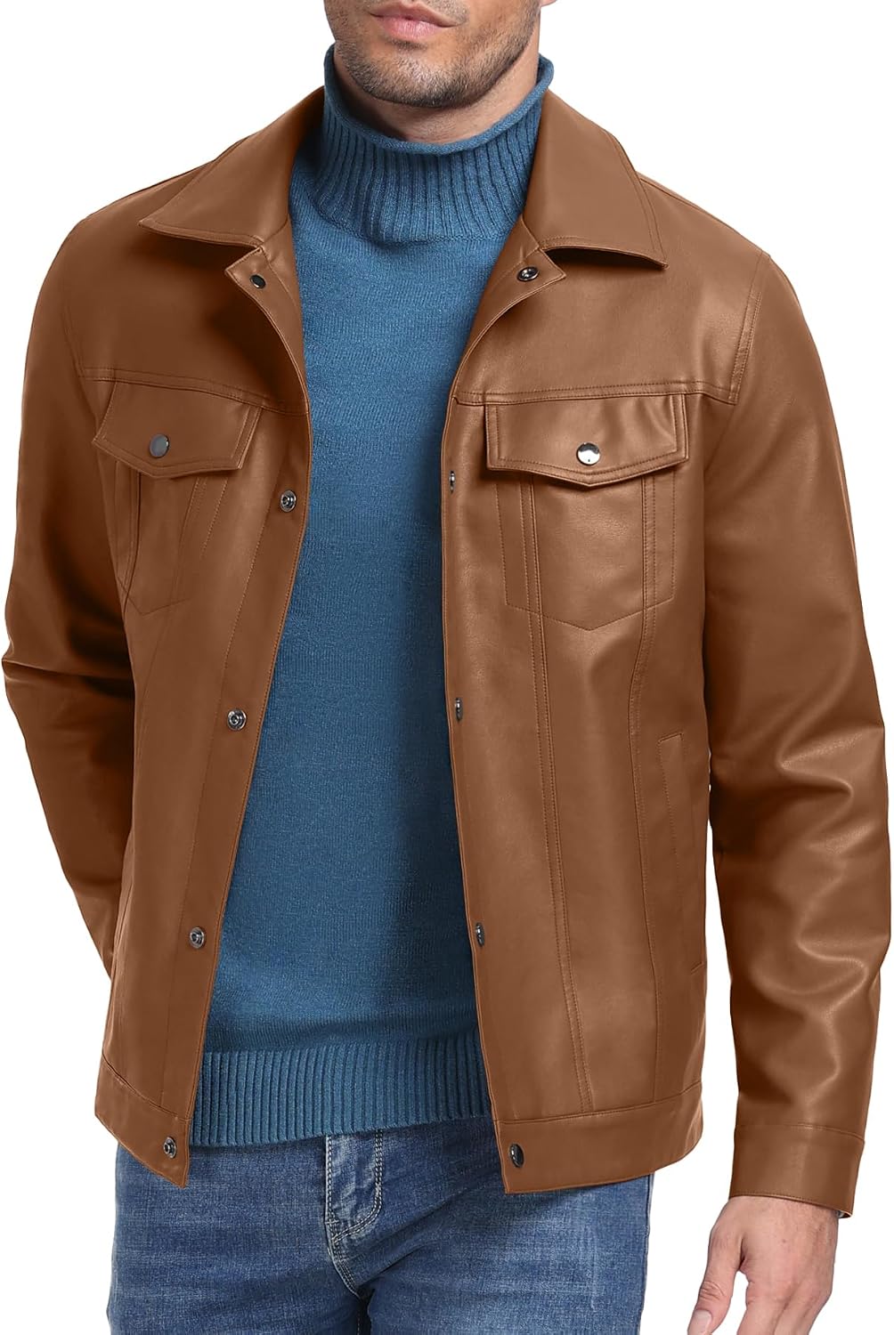 Sailwind Men's Leather Jacket Lapel Collar Motorcycle Coat Snap Button Faux Leather Bomber Jackets