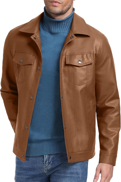 Sailwind Men's Leather Jacket Lapel Collar Motorcycle Coat Snap Button Faux Leather Bomber Jackets