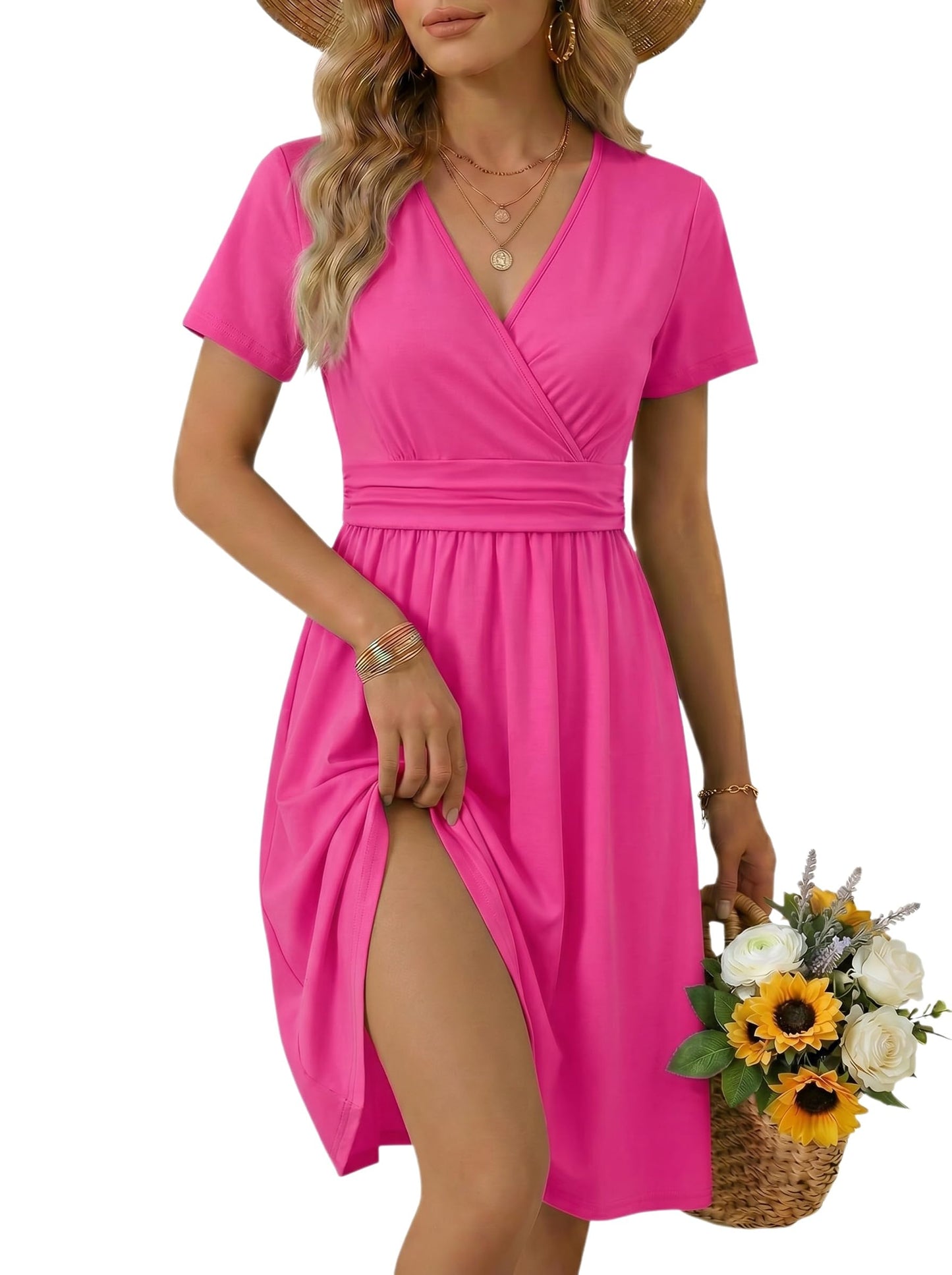 OUGES Casual Summer Dress for Women Wrap V Neck A Line Midi Dresses with Pockets