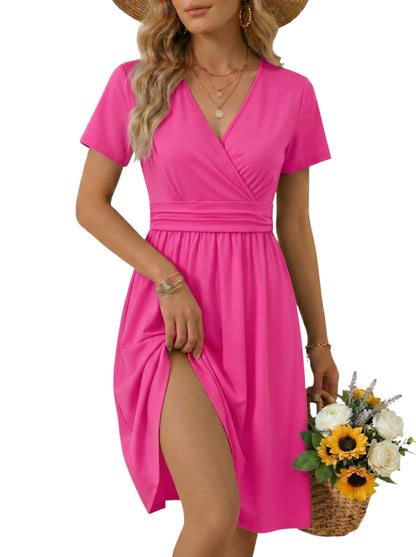 OUGES Casual Summer Dress for Women Wrap V Neck A Line Midi Dresses with Pockets