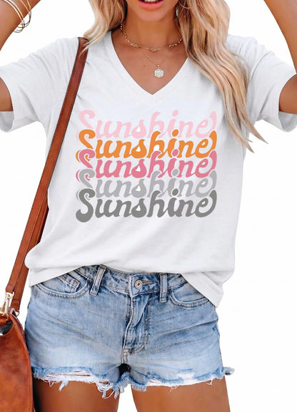 YEXIPO Womens Graphic Tees V-Neck T Shirts Spring Short Sleeve Funny Letter Print Casual Loose Cute Summer Tops