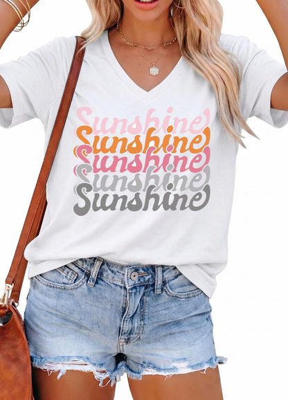 YEXIPO Womens Graphic Tees V-Neck T Shirts Spring Short Sleeve Funny Letter Print Casual Loose Cute Summer Tops