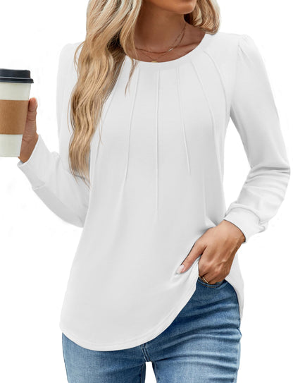 WEACZZY Women Long Sleeve Shirts Crew Neck Tunic Tops Soft Casual Blouses Creased Design Curved Side Hem Fashion Outfits 2026
