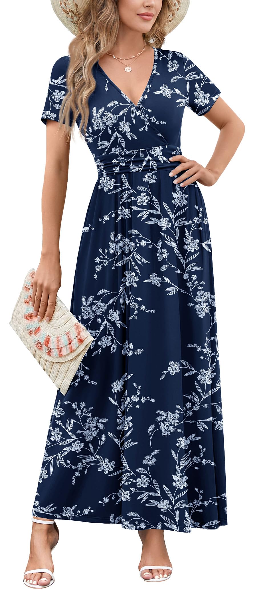 WEACZZY 2026 Summer Long Dresses for Women Wrap Empire Pleated Waist V Neck Short Sleeve Elegant Maxi Dress with Pockets