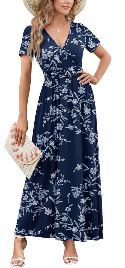WEACZZY 2026 Summer Long Dresses for Women Wrap Empire Pleated Waist V Neck Short Sleeve Elegant Maxi Dress with Pockets