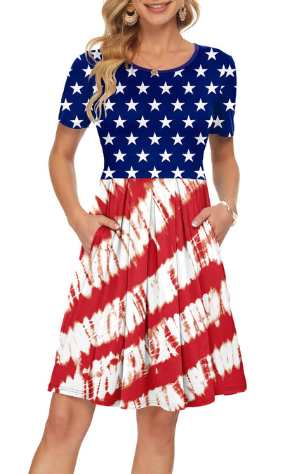 AUSELILY Women's Short Sleeve Summer Dress Pleated Loose Swing Knee Length Dresses with Pockets 2026 New
