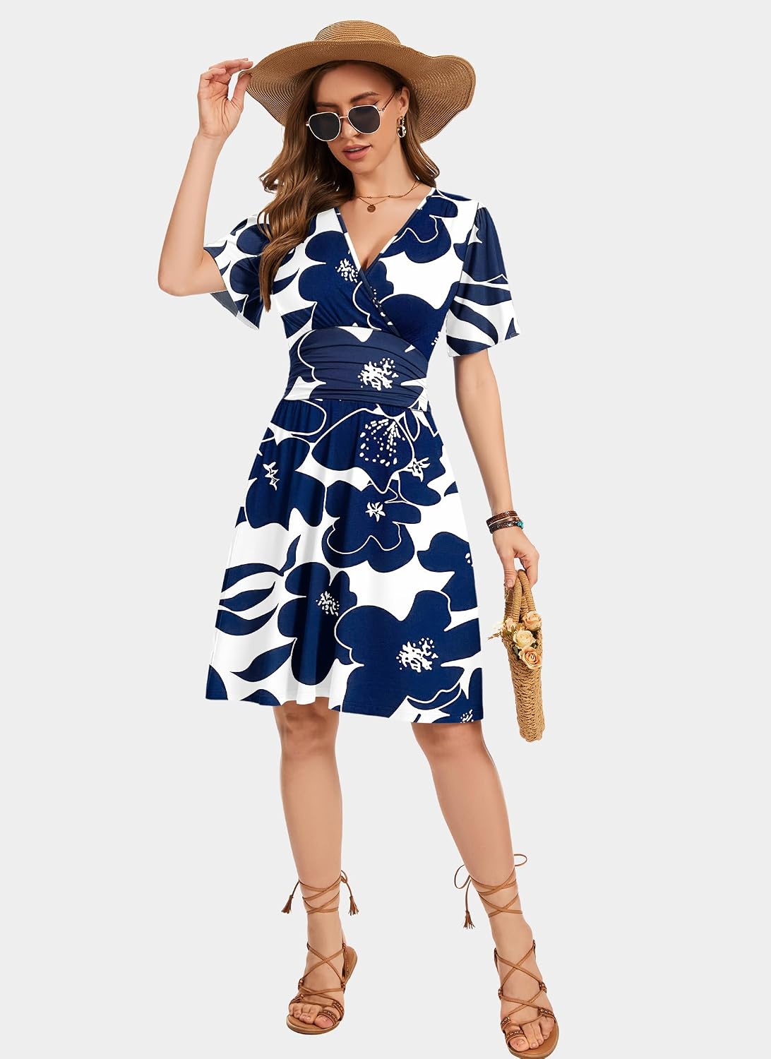 AUSELILY Womens Summer Dresses 2026 Ruffle Sleeve Sexy Sundress Floral V Neck Short Wrap Dress with Pockets