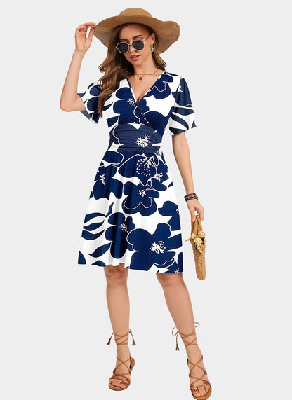 AUSELILY Womens Summer Dresses 2026 Ruffle Sleeve Sexy Sundress Floral V Neck Short Wrap Dress with Pockets