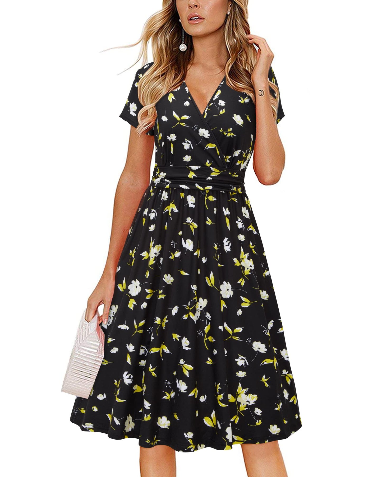 Newshows Womens Summer Short Sleeve Casual Dresses V Neck Floral Vacation Sundress Faux Wrap Midi Dress with Pockets