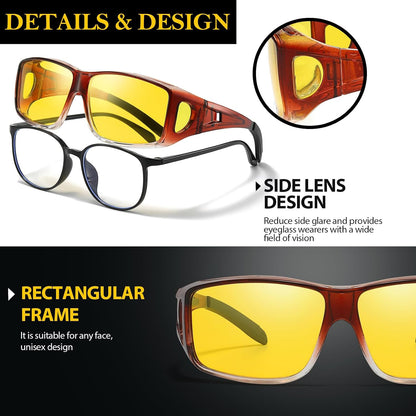 TJUTR 2 Pack Night Vision Driving Glasses Fit Over Eyeglasses for Men Women, Anti Glare Polarized Night Time Yellow Lens