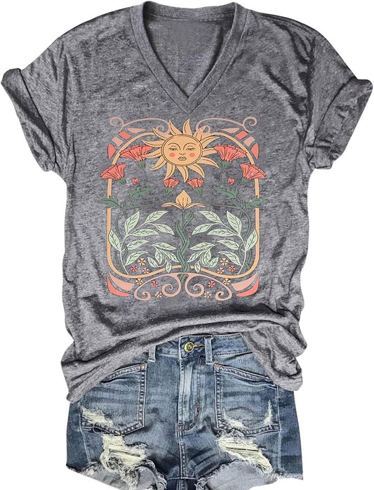 Women's T-Shirts V-Neck Dragonfly Tee Cute Summer Graphic Shirts Vintage Boho Flowers Short Sleeve T Shirt