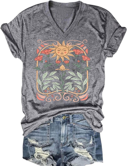 Women's T-Shirts V-Neck Dragonfly Tee Cute Summer Graphic Shirts Vintage Boho Flowers Short Sleeve T Shirt