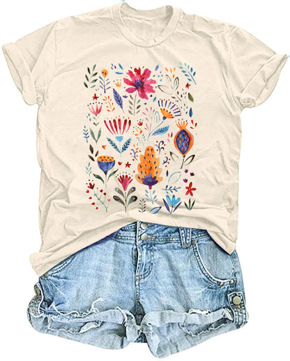 Women's Vintage Floral T Shirt Boho Wildflower Graphic Loose Tees Short Sleeve Casual Tops