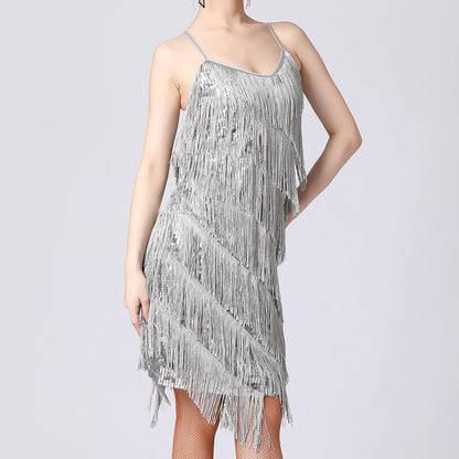fartey Womens Fringe Dress Spaghetti Strap Sleeveless Tassel Sling Dress Sexy V Neck Backless Cocktail Party Mini Dress