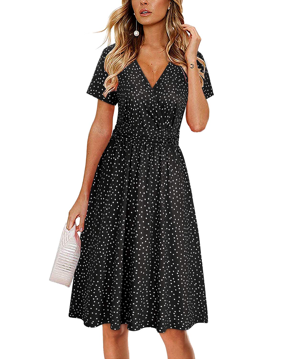 Newshows Womens Summer Short Sleeve Casual Dresses V Neck Floral Vacation Sundress Faux Wrap Midi Dress with Pockets