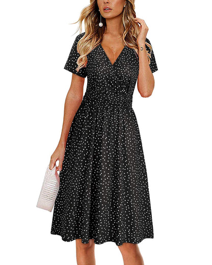 Newshows Womens Summer Short Sleeve Casual Dresses V Neck Floral Vacation Sundress Faux Wrap Midi Dress with Pockets