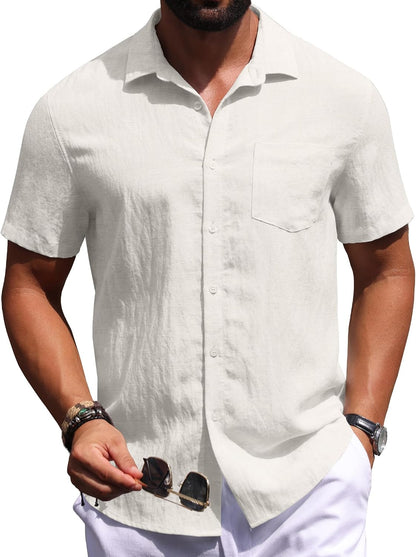 Sailwind Men's Linen Button Down Shirts Short Sleeve Casual Lightwetght Beach Summer Vacation Shirt with Pocket