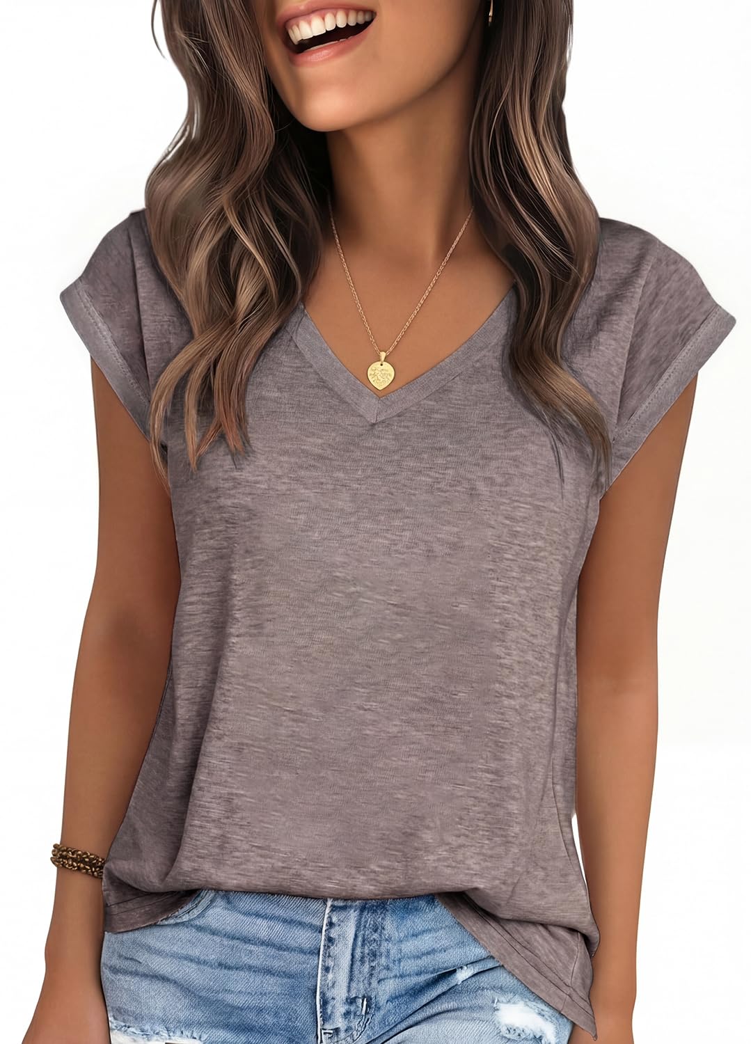 YEXIPO Womens Tops Cap Sleeve T Shirts 2026 Summer Casual Loose Fit V Neck Shirts Cute Trendy Beach Vacation Clothes