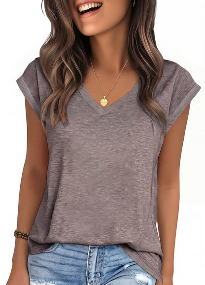 YEXIPO Womens Tops Cap Sleeve T Shirts 2026 Summer Casual Loose Fit V Neck Shirts Cute Trendy Beach Vacation Clothes